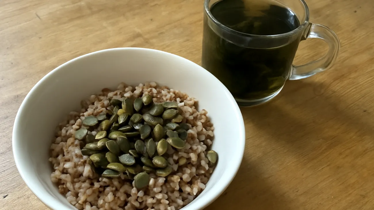 Buchweizen-Porridge mit gerösteten Kürbiskernen und Brennnesseltee"