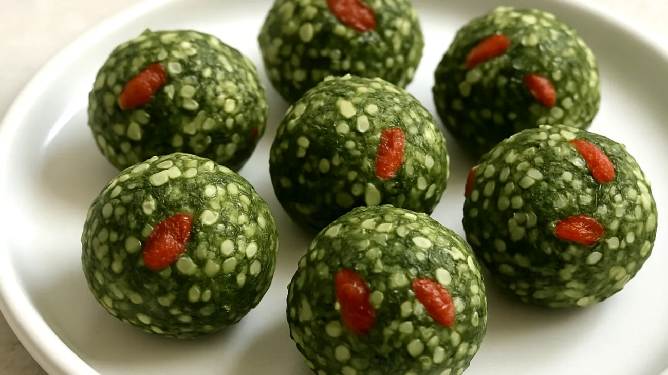 Hanfsamen-Energiebällchen mit Spirulina und Goji-Beeren"