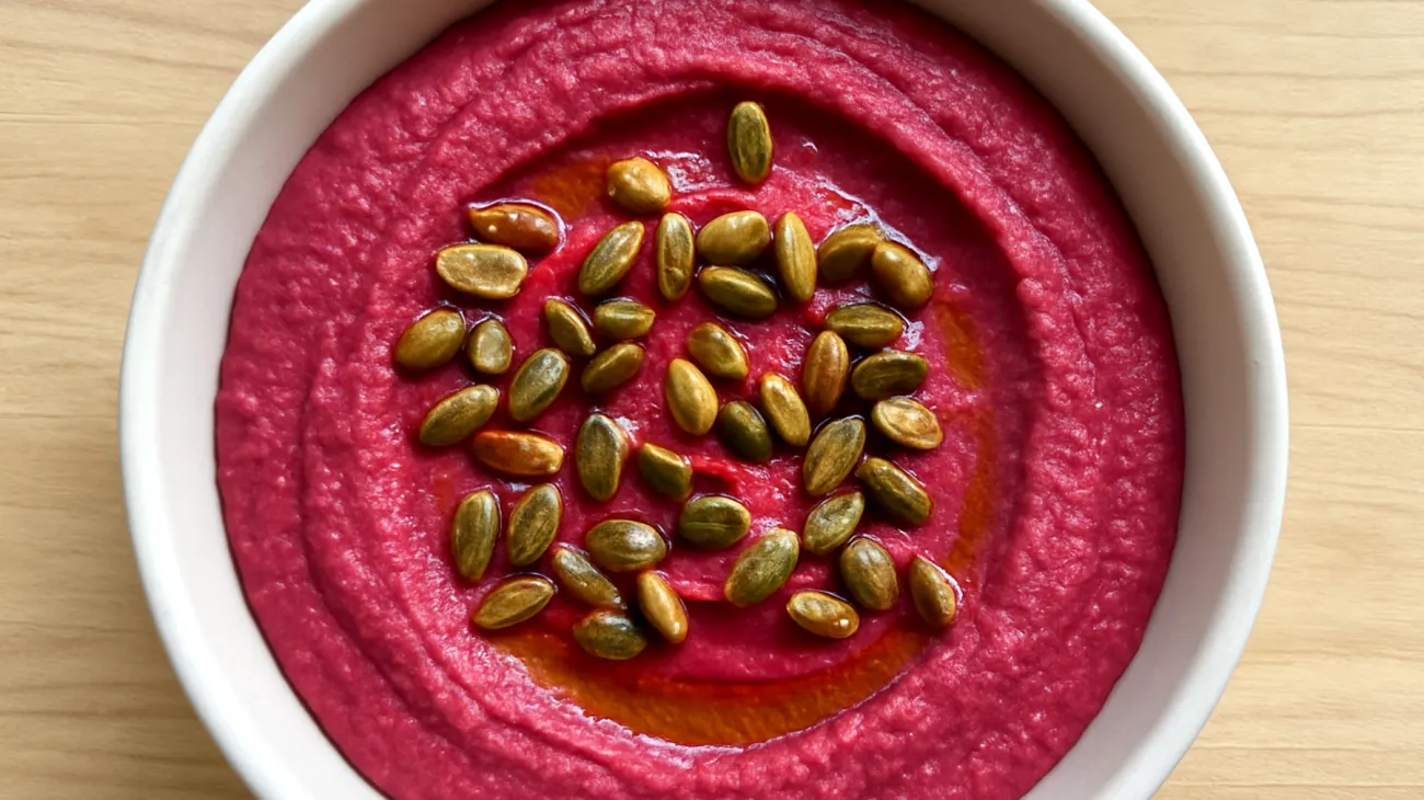 Rote-Bete-Hummus mit gerösteten Kürbiskernen"