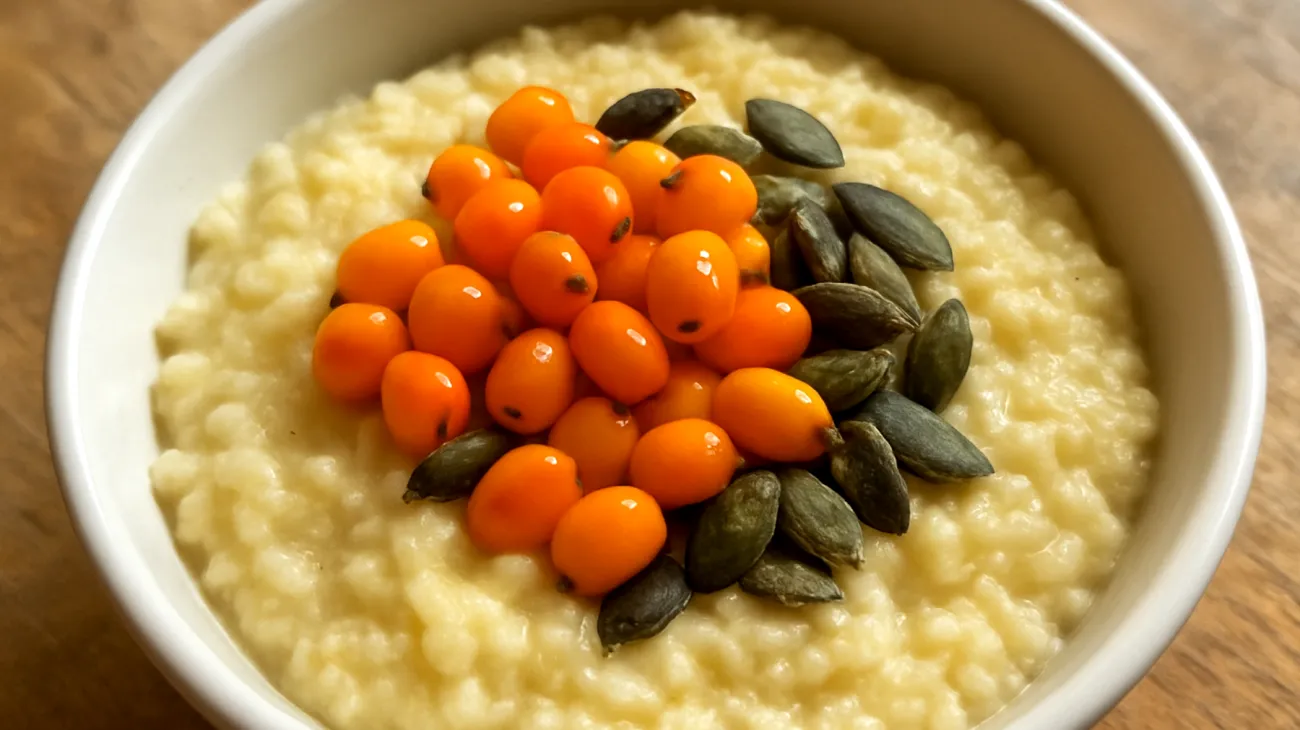 Sanddornbeeren-Hirse-Porridge mit gerösteten Kürbiskernen"